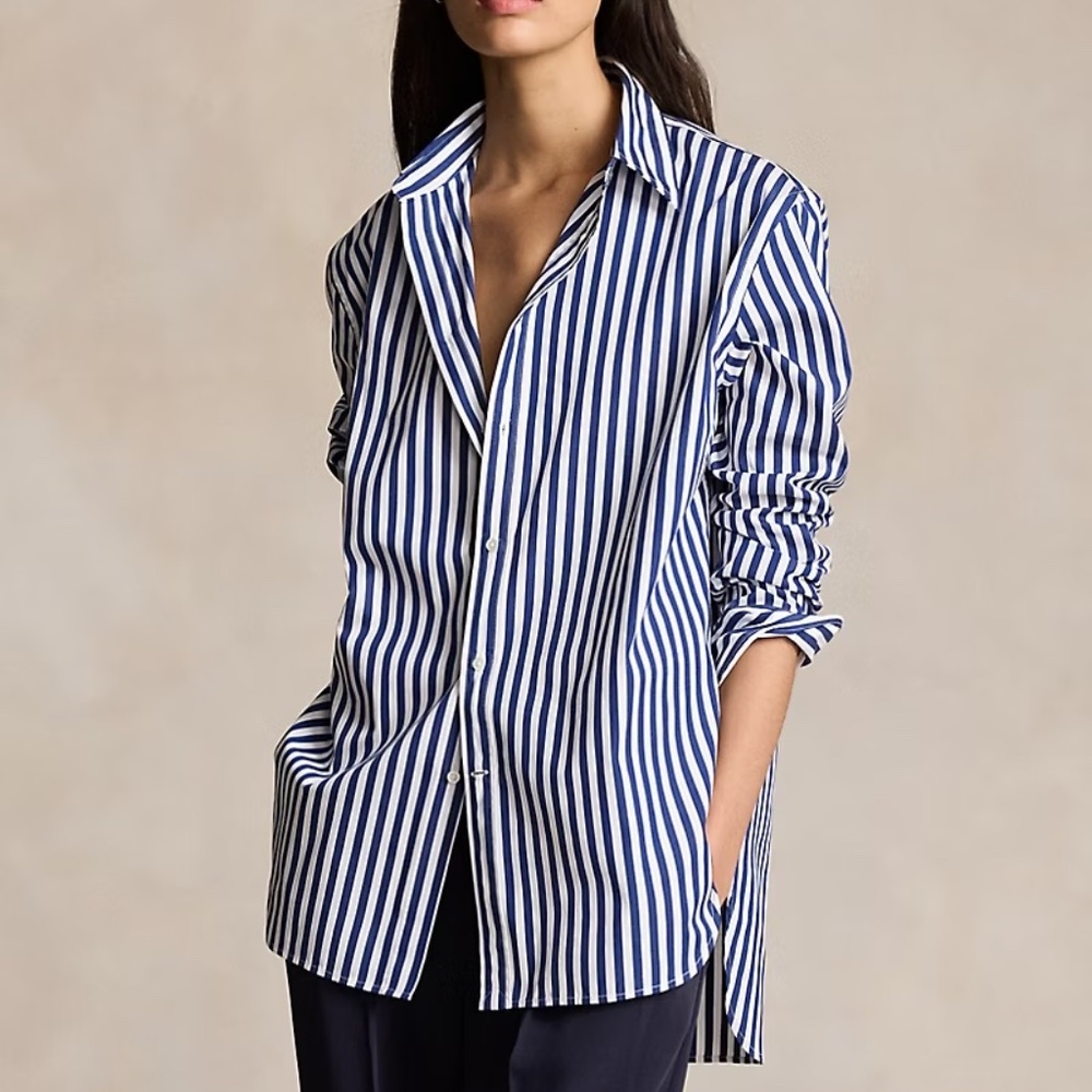 Polo Ralph Lauren Oversize Fit Striped Cotton Shirt Fall Royal/White M